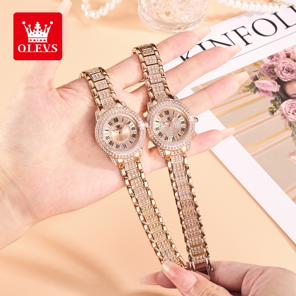Luxury Watch For - OLEVS Luxusmode Damenuhren Diamant-Zifferblatt wasserdichte Diamant-Intarsien-Quarzuhr