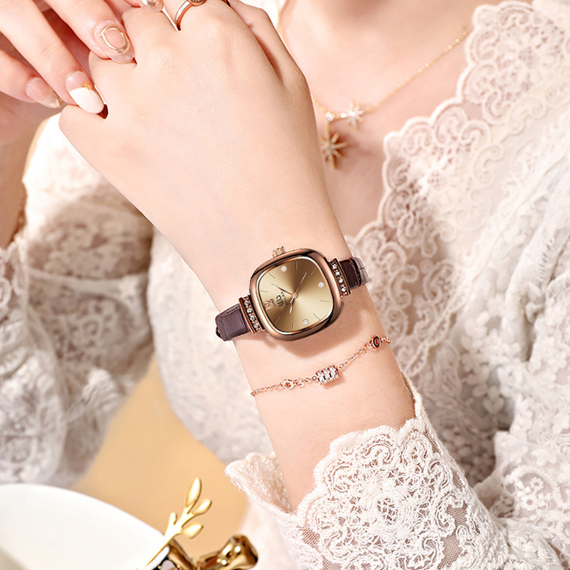 Damen Roségold Quadratische Uh – Luxury Watch With Leather Strap Bewertung und Preis