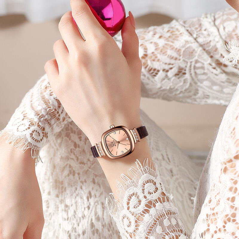 Damen Roségold Quadratische Uh – Luxury Watch With Leather Strap Bewertung und Preis