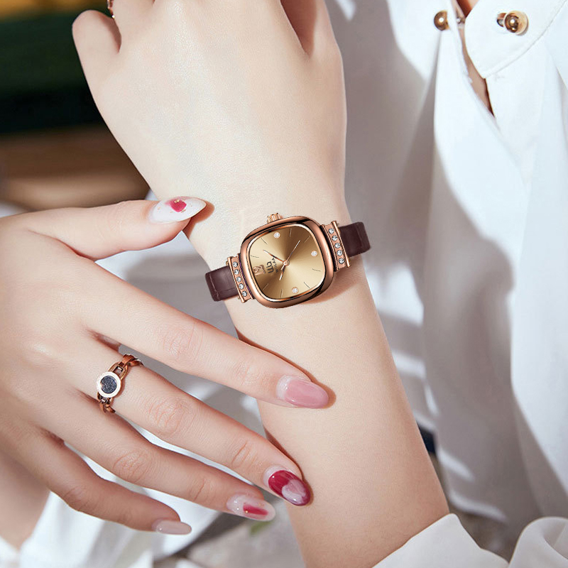 Damen Roségold Quadratische Uh – Luxury Watch With Leather Strap Bewertung und Preis